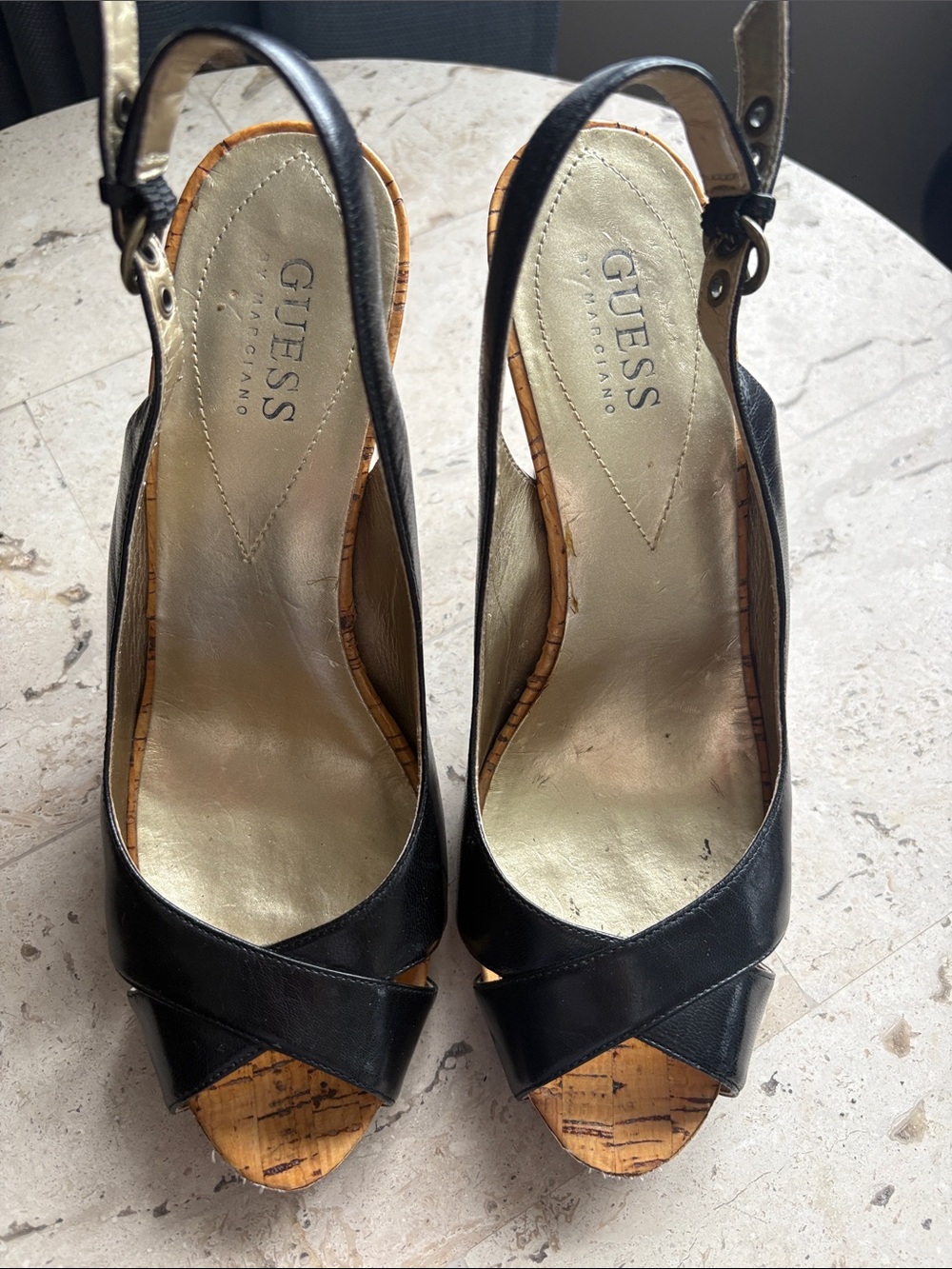 GUESS Black Leather Slingback Peep-Toe Heels with Cork Detail
